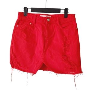Zara Ferrari Red Y2K Bimbo Brat Girl Summer Distressed Denim Mini Skirt S